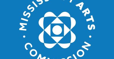 The Mississippi Arts Commission Artist Fellowships, logo, circle, blue and white.