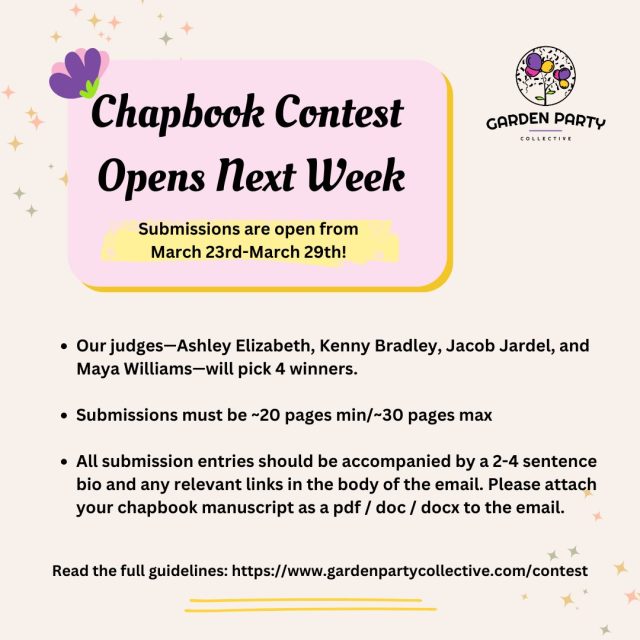 The Garden Party Chapbook book contest, announcement flyer. 