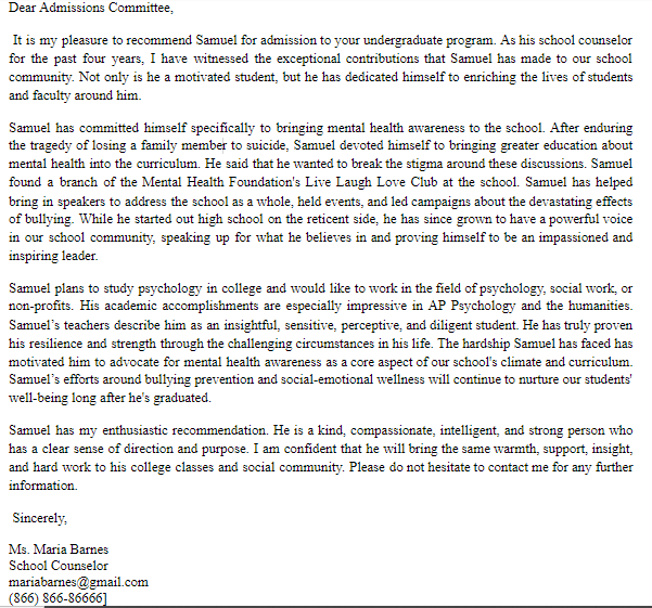 recommendation letter for student internship